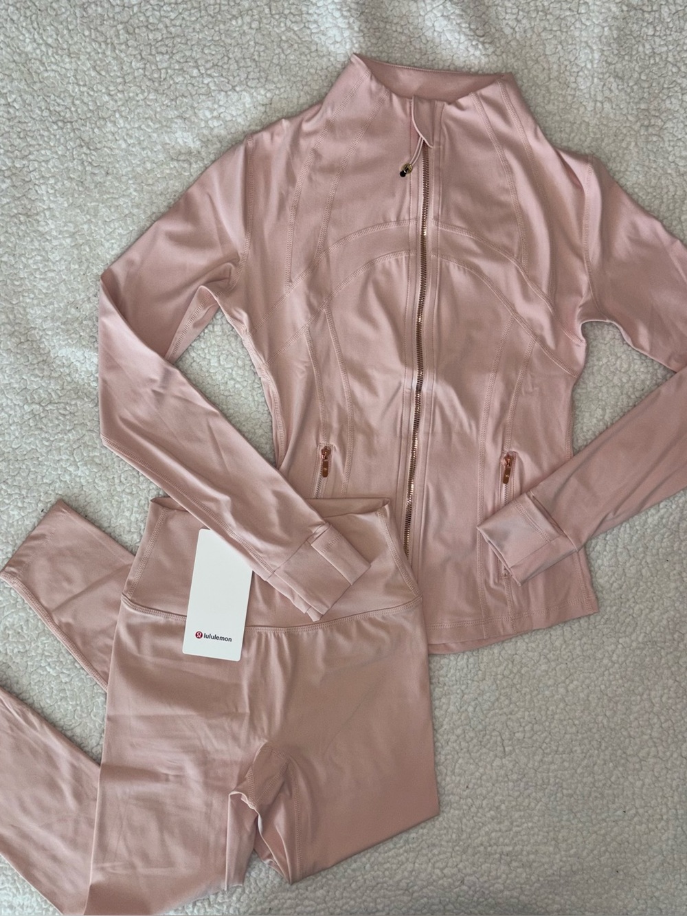 Lululemon Pink Mist Define Jacket Rose Gold Zip + Leggings Matching Set NWT